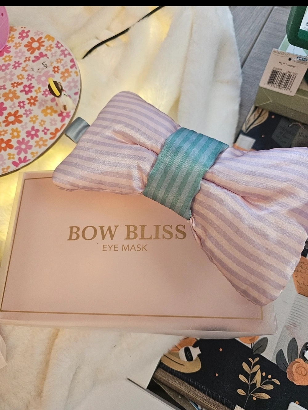 Bliss Striped Lavender Eye Mask with Teal Bow